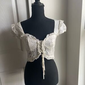 White Eyelet Lace-Up Crop Top